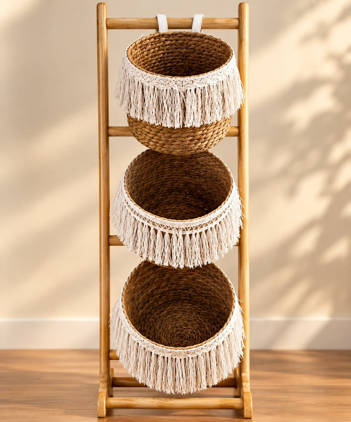 3-Tier Woven Hanging Storage Basket – Boho Tassel Organizer Stand