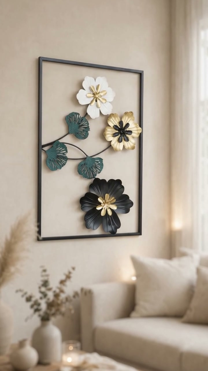 3D Floral Metal Wall Art – Black, Gold & Green Flower Wall Décor