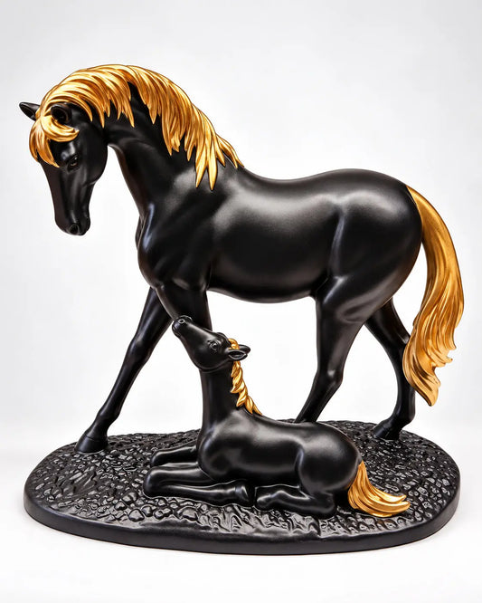 Luxury Horse Family Statue – Black & White Gold Horse Figurine Decor