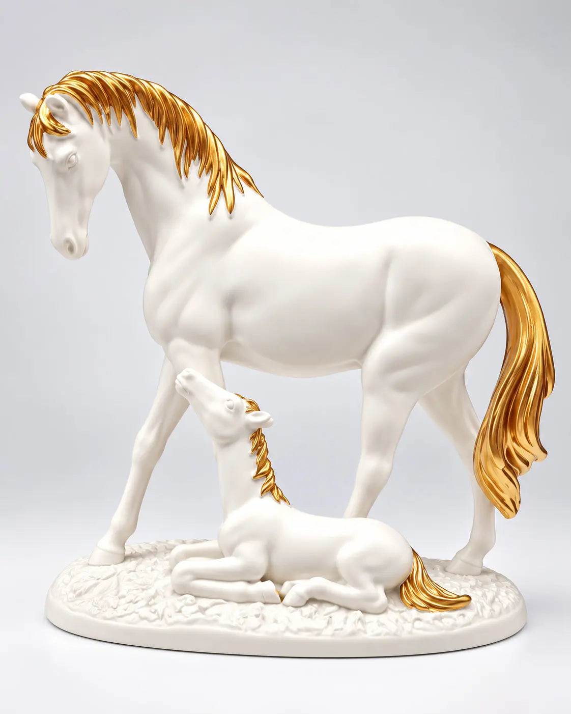 Luxury Horse Family Statue – Black & White Gold Horse Figurine Decor