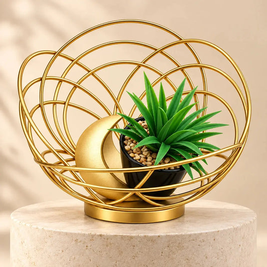 Luxury Gold Wire Decorative Bowl with Artificial Succulent & Crescent Accent – Modern Tabletop Centerpiece Décor
