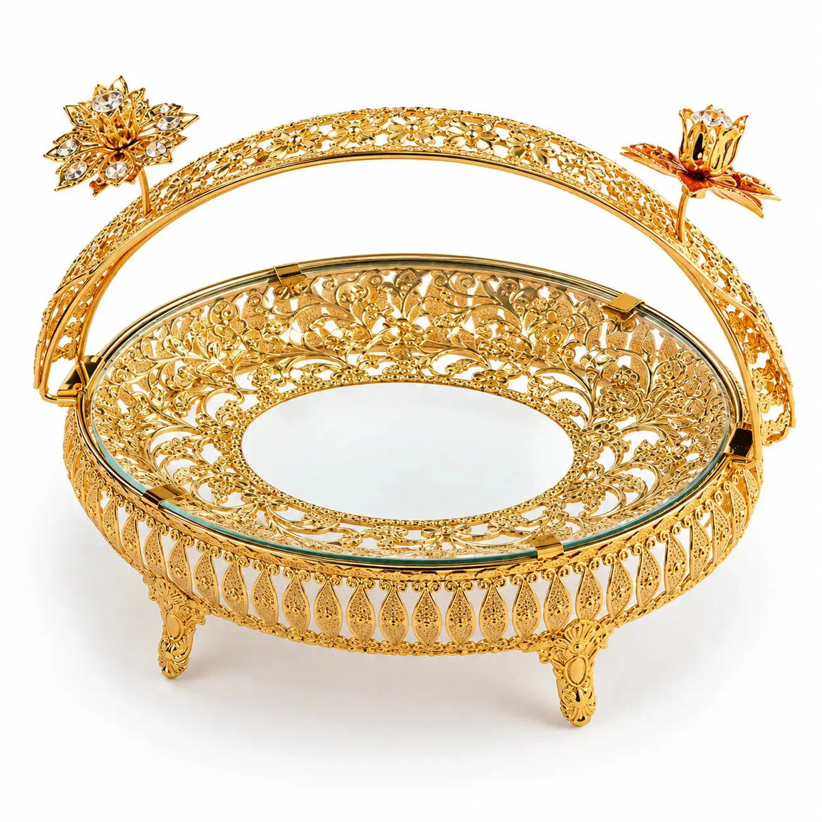 Luxury Gold Filigree Serving Tray with Glass Plate – Elegant Decorative Fruit, Sweet & Dry Fruit Display Stand