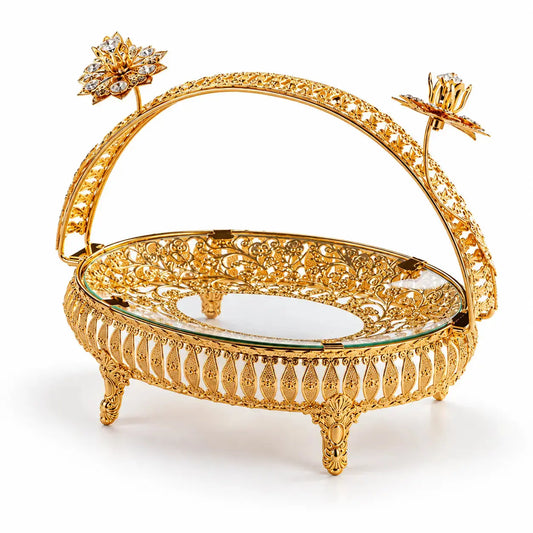 Luxury Gold Filigree Serving Tray with Glass Plate – Elegant Decorative Fruit, Sweet & Dry Fruit Display Stand