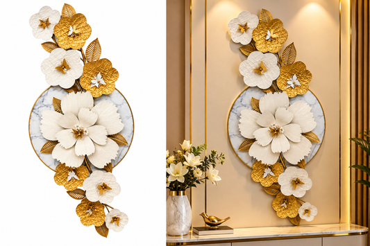 Gold & White Floral Wall Art – Luxury 3D Flower Wall Décor