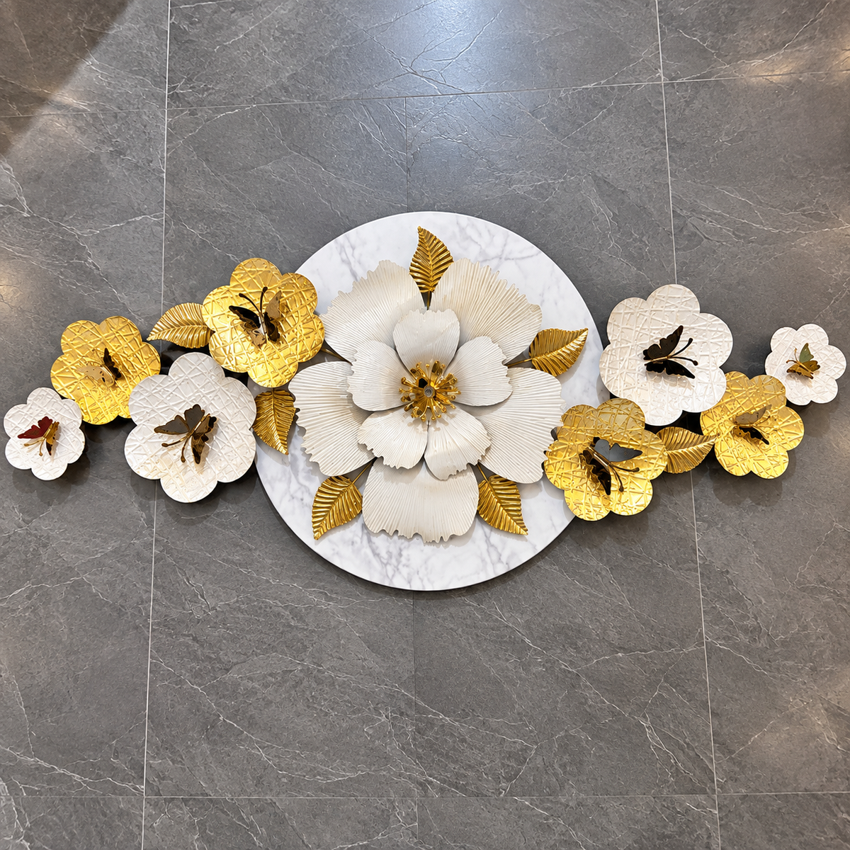 Gold & White Floral Metal Wall Art with Butterflies – Luxury 3D Wall Décor