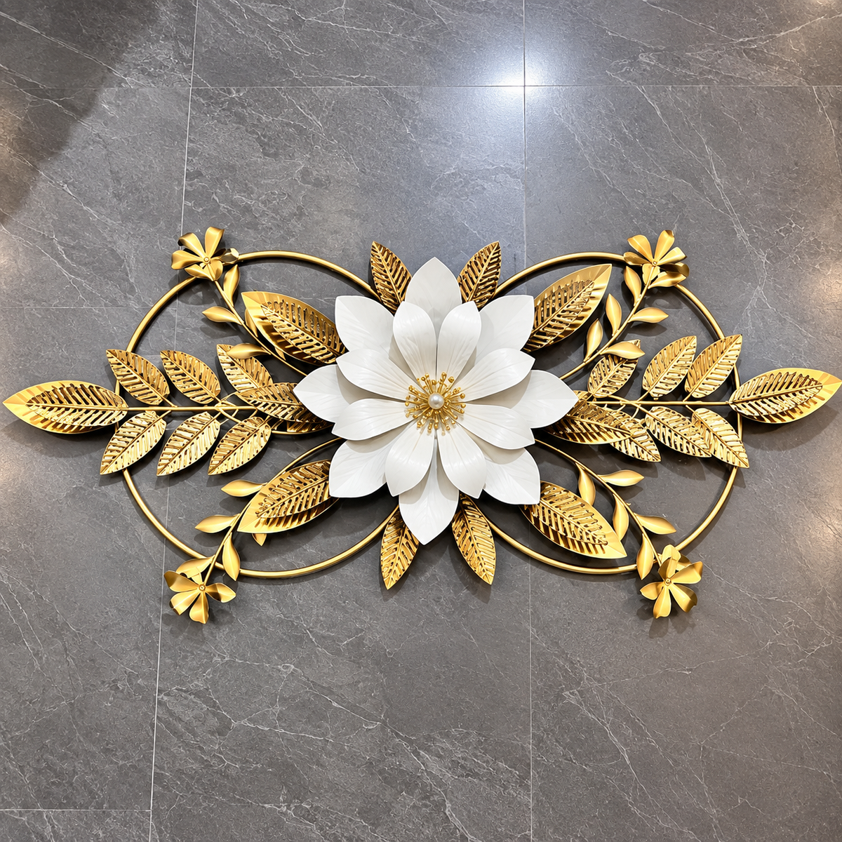 Gold & White Floral Metal Wall Art – Luxury 3D Flower Wall Décor