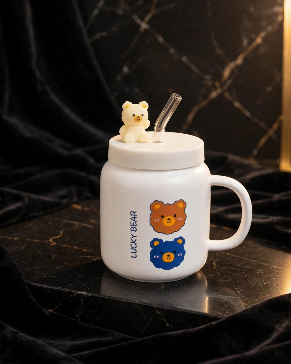 Cute Bear Mug with Lid & Straw – Kawaii Drinking Cup with Handle