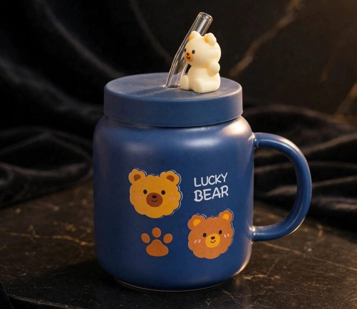 Cute Bear Mug with Lid & Straw – Kawaii Drinking Cup with Handle