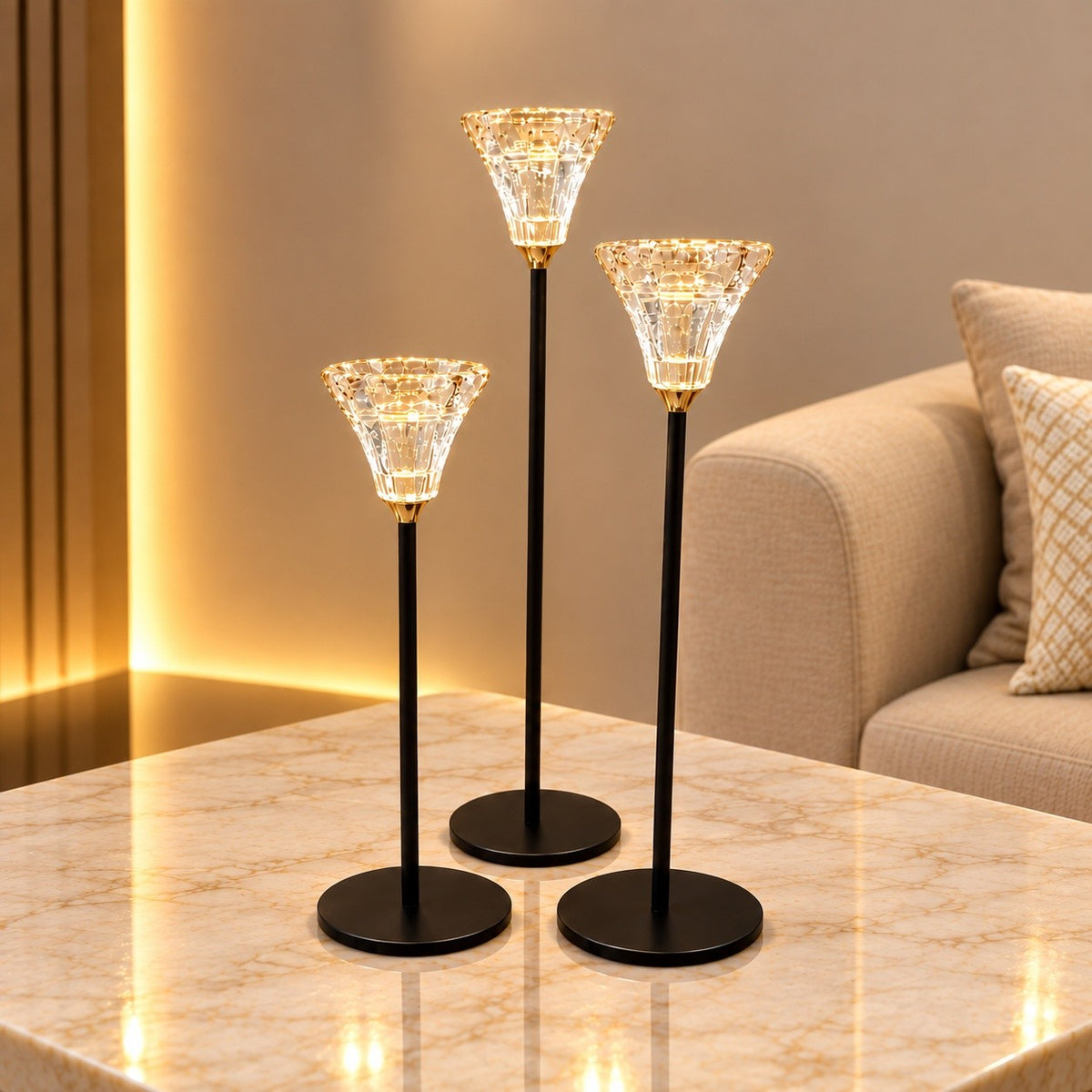 Set of 3 Crystal Candle Holders – Black Tall Decorative Candle Stands