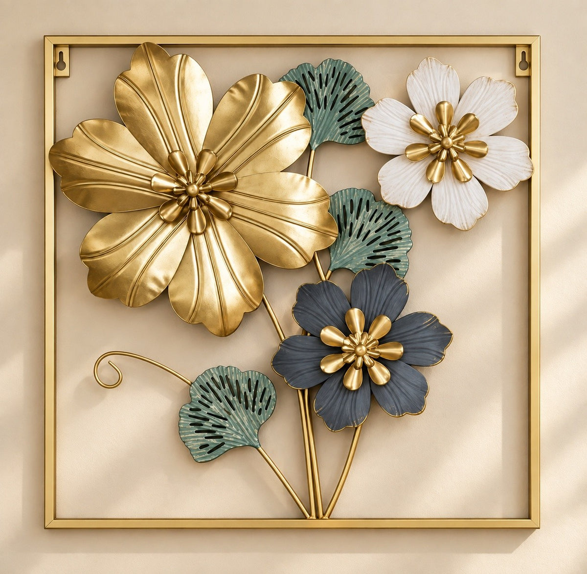 Luxury 3D Floral Metal Wall Art – Gold, White & Blue Flower Décor