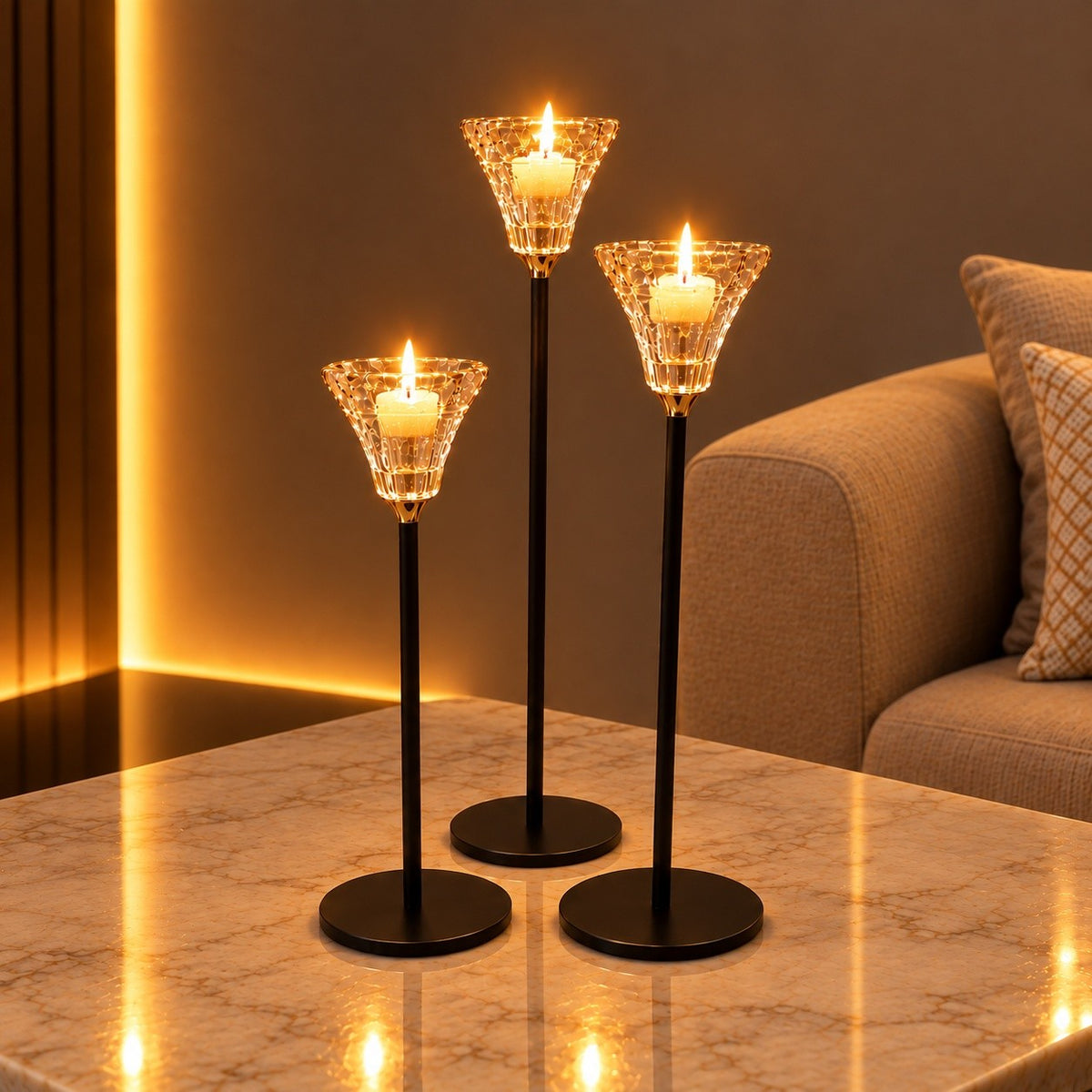 Set of 3 Crystal Candle Holders – Black Tall Decorative Candle Stands