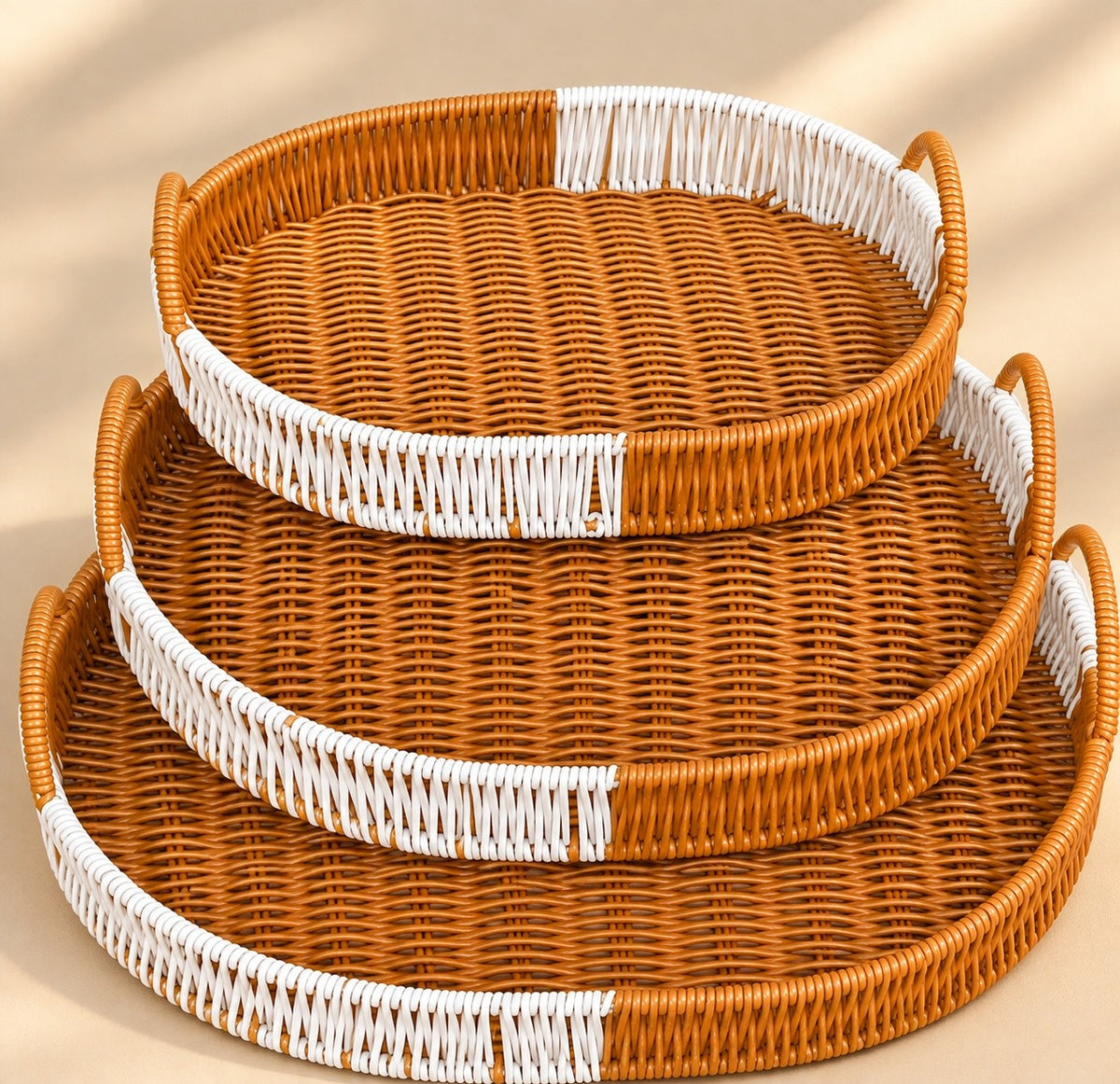 Set of 3 Round Woven Serving Trays – Brown & White Decorative Trays