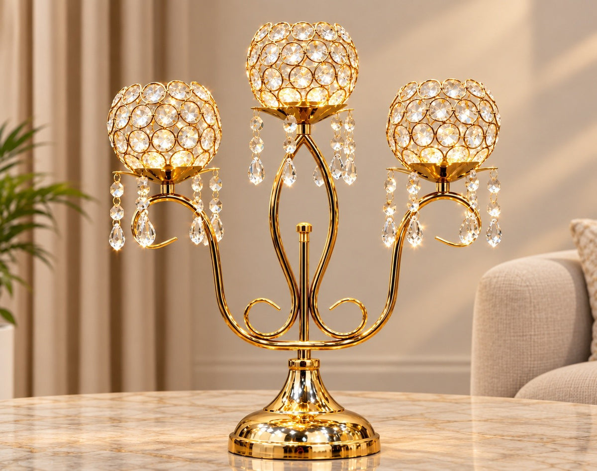 Luxury 3-Light Crystal Candle Holder – Gold Table Centrepiece