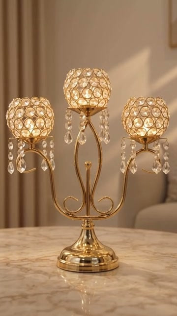 Luxury 3-Light Crystal Candle Holder – Gold Table Centrepiece