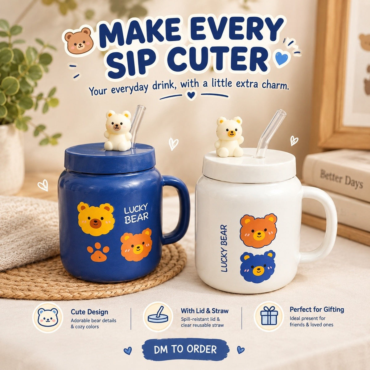 Cute Bear Mug with Lid & Straw – Kawaii Drinking Cup with Handle