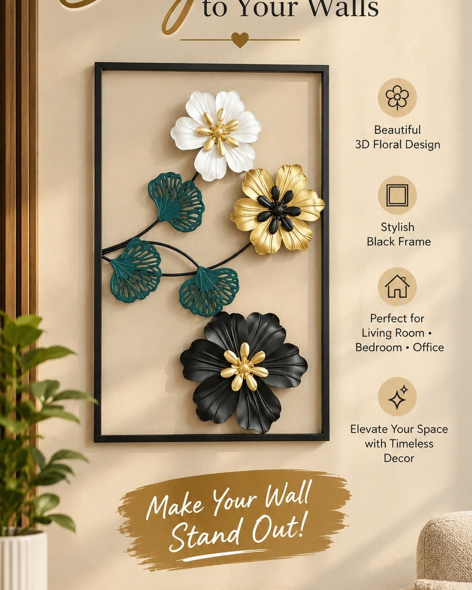 3D Floral Metal Wall Art – Black, Gold & Green Flower Wall Décor