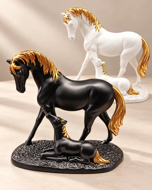 Luxury Horse Family Statue – Black & White Gold Horse Figurine Decor
