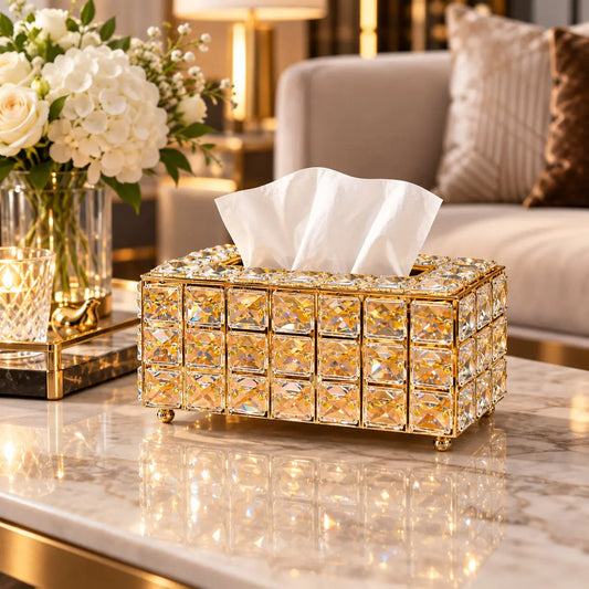 Luxury Crystal Tissue Box Holder – Elegant Gold Rhinestone Tissue Dispenser