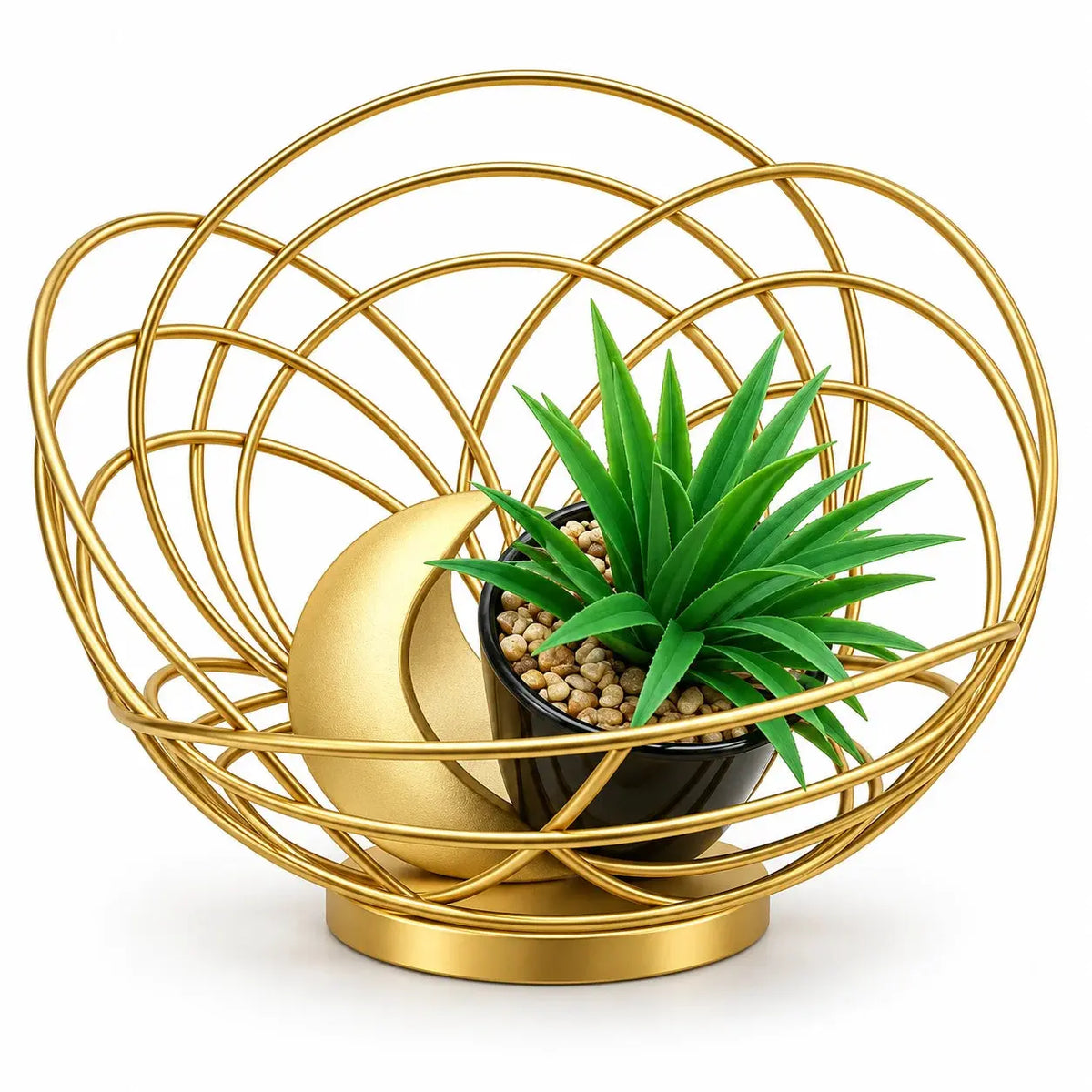 Luxury Gold Wire Decorative Bowl with Artificial Succulent & Crescent Accent – Modern Tabletop Centerpiece Décor
