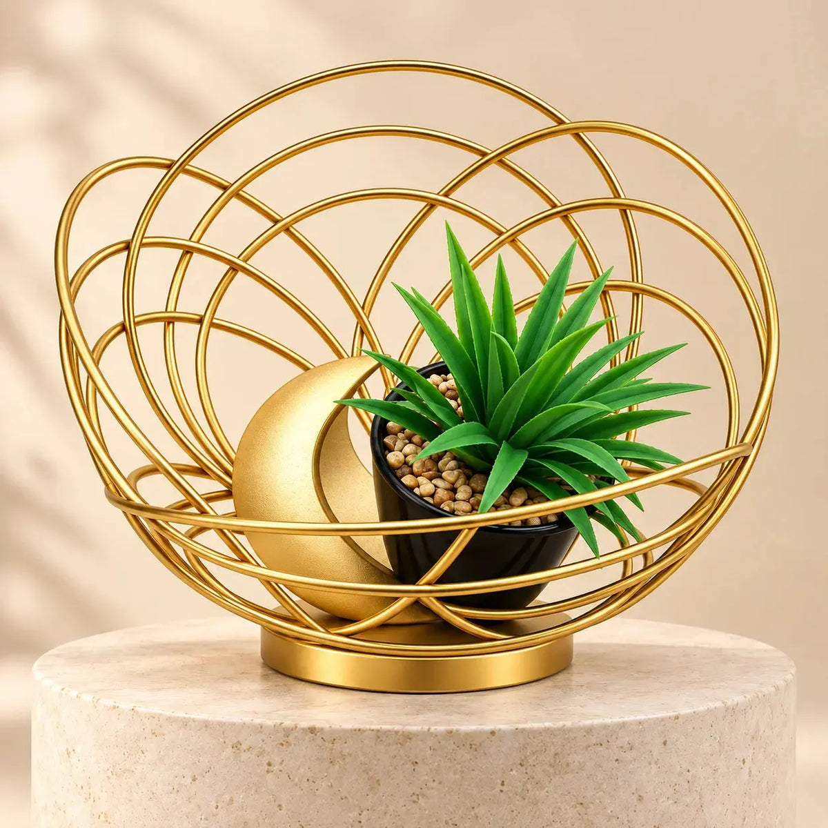 Luxury Gold Wire Decorative Bowl with Artificial Succulent & Crescent Accent – Modern Tabletop Centerpiece Décor