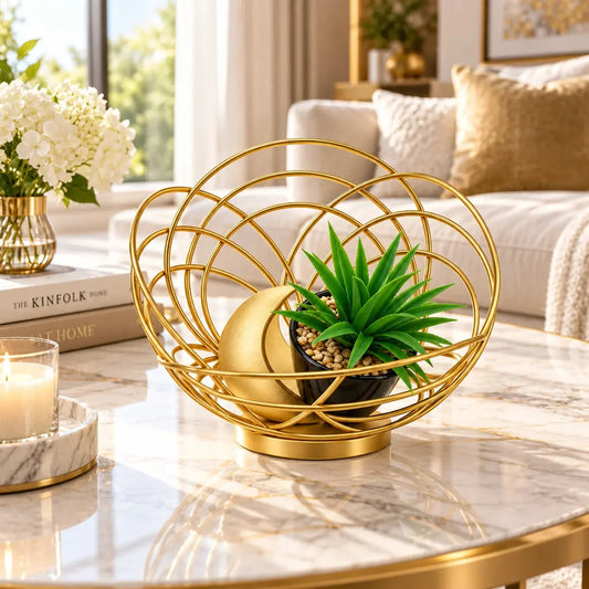 Luxury Gold Wire Decorative Bowl with Artificial Succulent & Crescent Accent – Modern Tabletop Centerpiece Décor