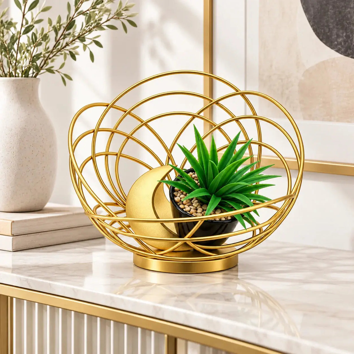 Luxury Gold Wire Decorative Bowl with Artificial Succulent & Crescent Accent – Modern Tabletop Centerpiece Décor