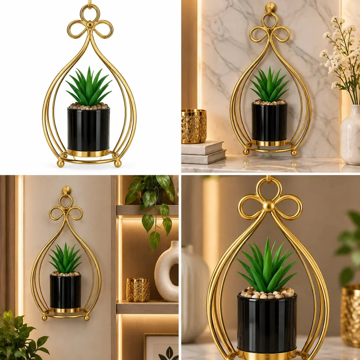 Luxury Gold Hanging Planter with Black Pot & Artificial Succulent – Modern Wall Décor Plant Holder