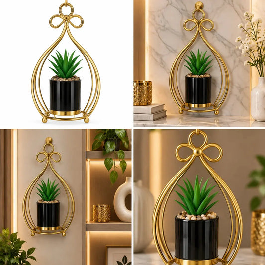 Luxury Gold Hanging Planter with Black Pot & Artificial Succulent – Modern Wall Décor Plant Holder