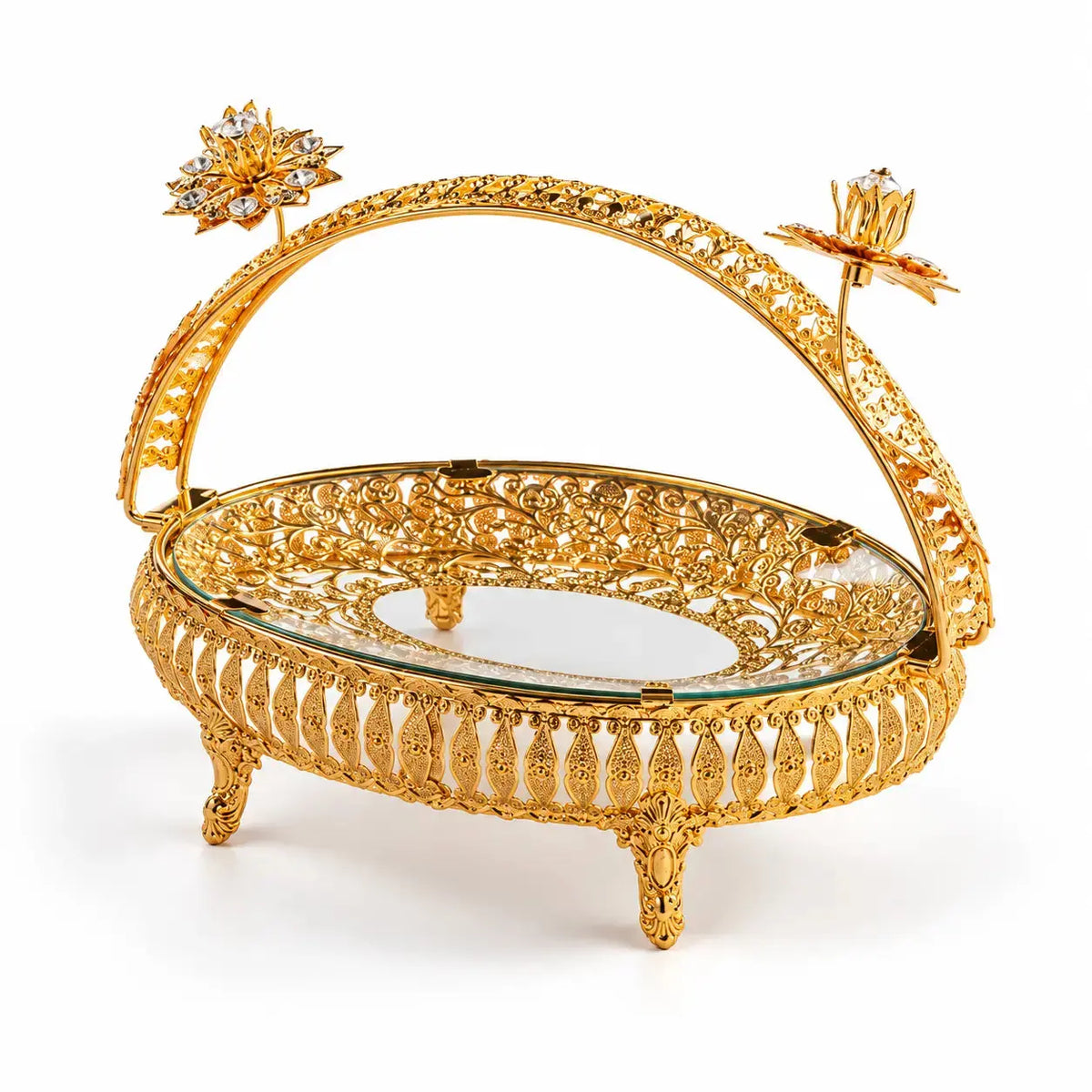 Luxury Gold Filigree Serving Tray with Glass Plate – Elegant Decorative Fruit, Sweet & Dry Fruit Display Stand