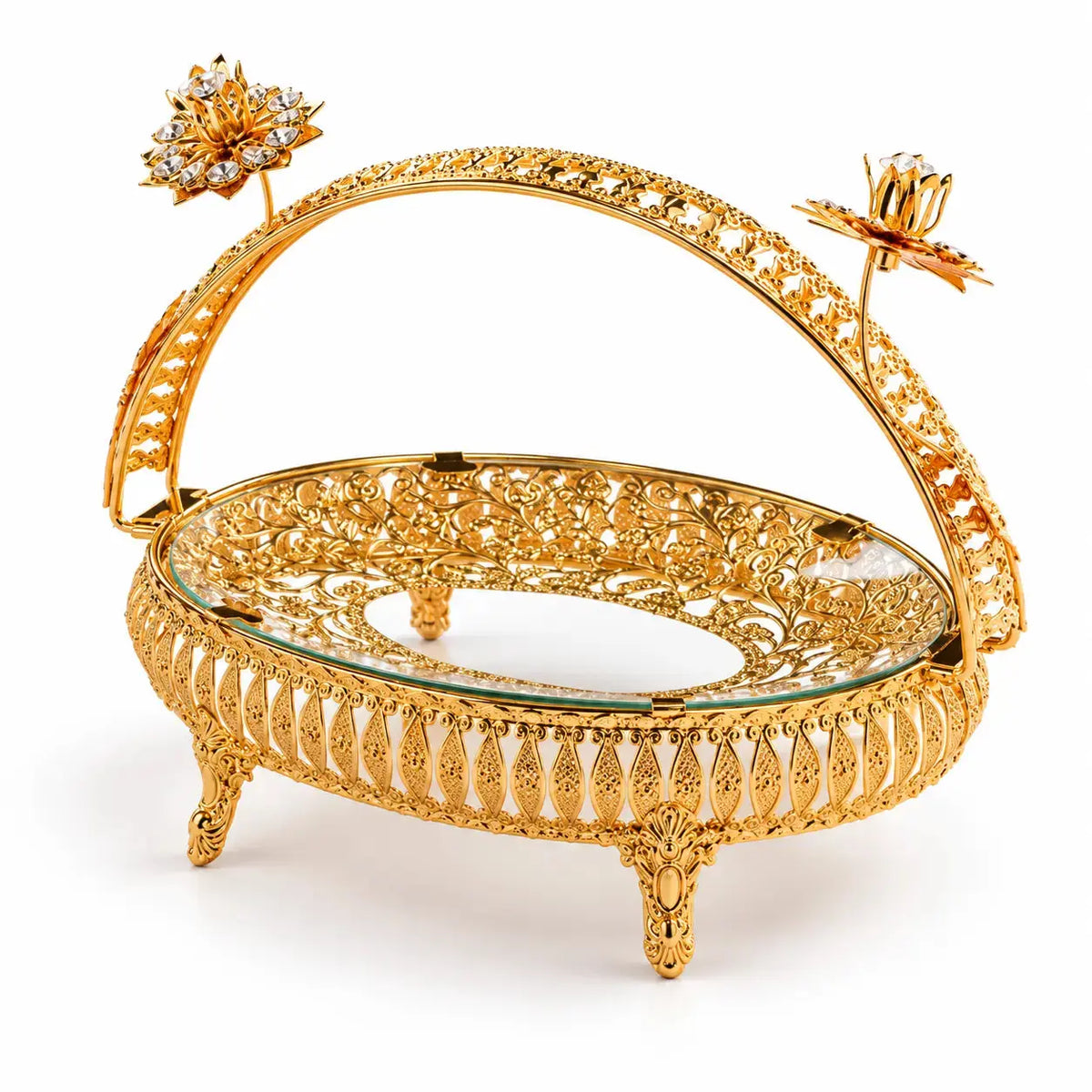 Luxury Gold Filigree Serving Tray with Glass Plate – Elegant Decorative Fruit, Sweet & Dry Fruit Display Stand