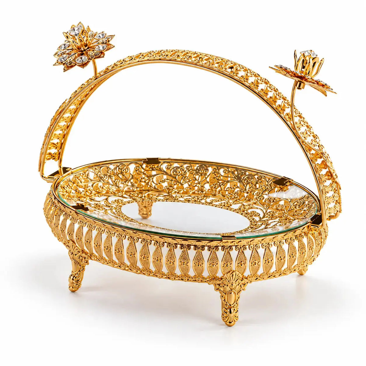 Luxury Gold Filigree Serving Tray with Glass Plate – Elegant Decorative Fruit, Sweet & Dry Fruit Display Stand