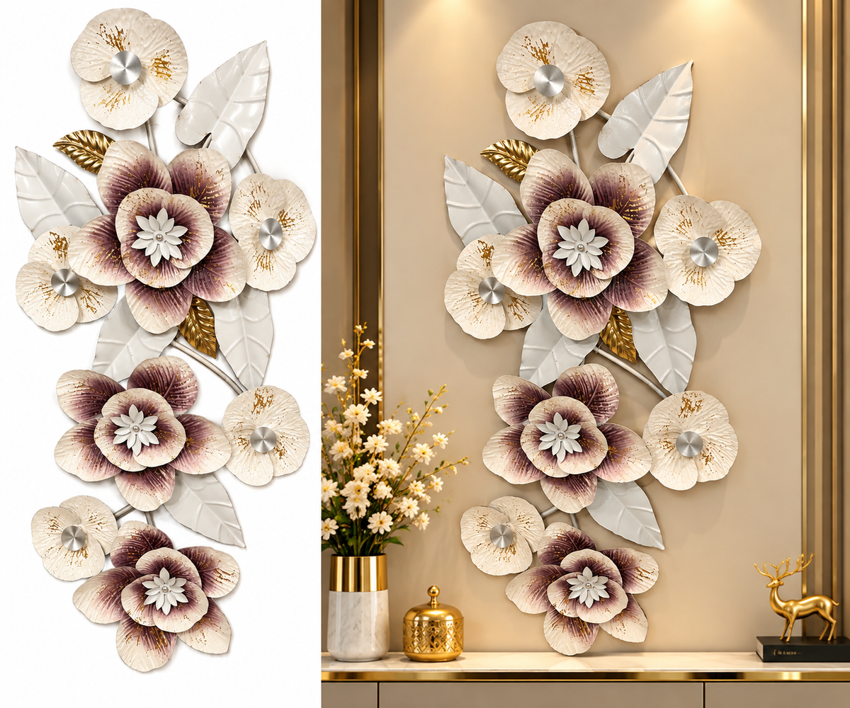 Luxury 3D Floral Metal Wall Art – Ivory & Mauve Flower Wall Décor