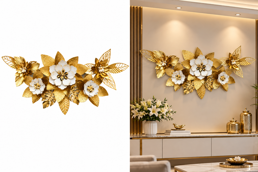 Luxury gold and white flower metal wall decor with detailed leaves