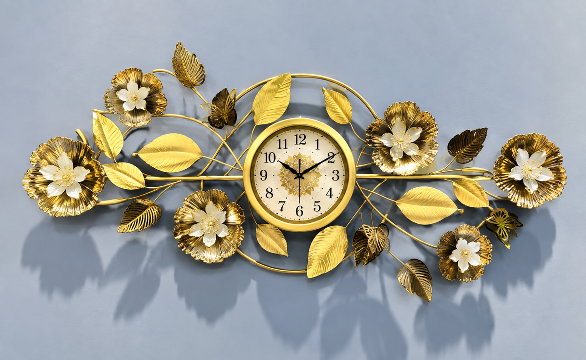 Luxury gold floral wall clock with decorative flowers leaves and butterflies