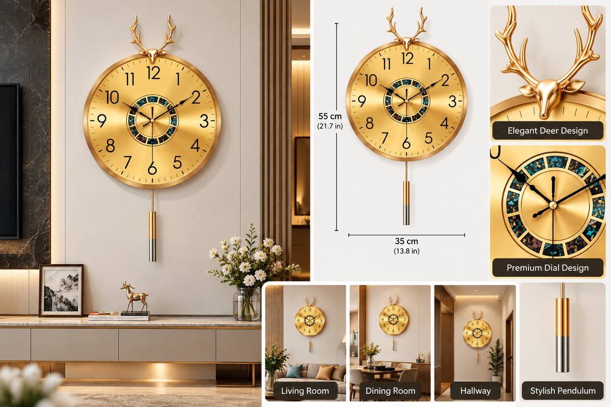 Gold Deer Pendulum Wall Clock – Luxury Decorative Clock for Living Room & Home