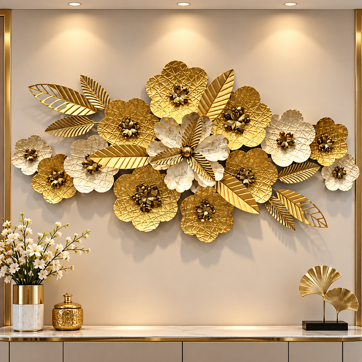 Luxury Gold Floral Metal Wall Art – 3D Flower Wall Décor
