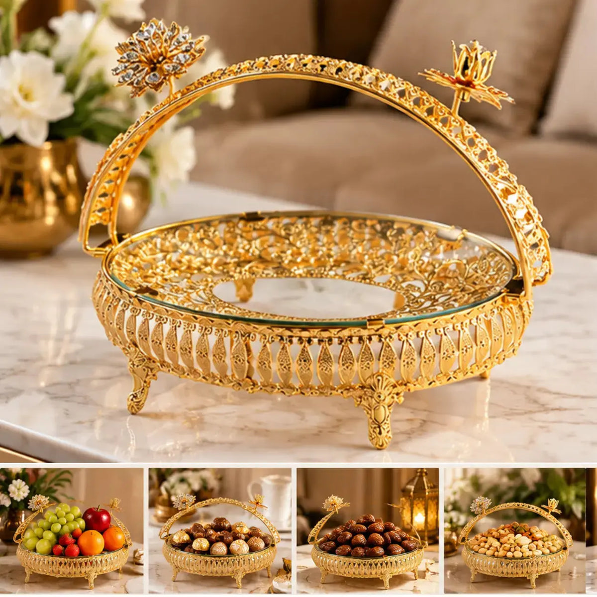 Luxury Gold Filigree Serving Tray with Glass Plate – Elegant Decorative Fruit, Sweet & Dry Fruit Display Stand