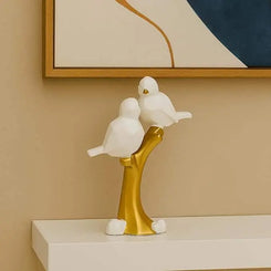 White Bird Tree Sculpture – Elegant Gold Branch Decorative Figurine