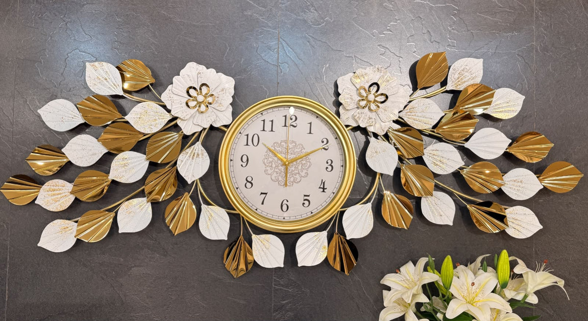 Modern Golden Leaf Wall Clock – Luxury Double Floral Leaf Design