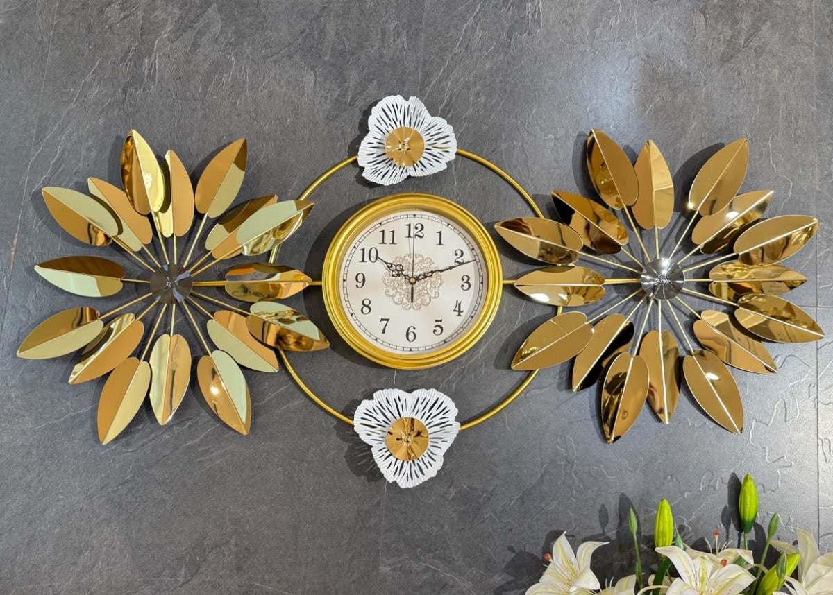Modern Golden Leaf Wall Clock – Luxury Double Floral Leaf Design